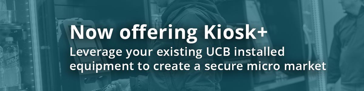 Photo of people using micro market kiosks with the text "Now offering Kiosk+, Leverage your exisiting UCB installed equipment to create a secure micro market" 